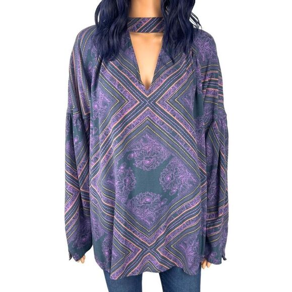 Free People Walking On A Dream Tunic L Purple Floral Keyhole Boho Festival Top - Picture 2 of 6